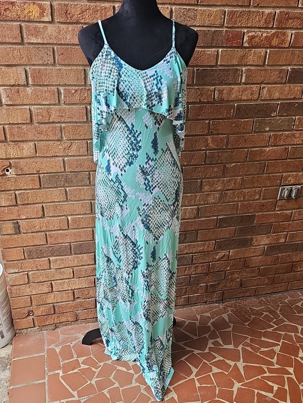 Tart Mint and Navy Snake-Print Ruffle Maxi Dress Size Small